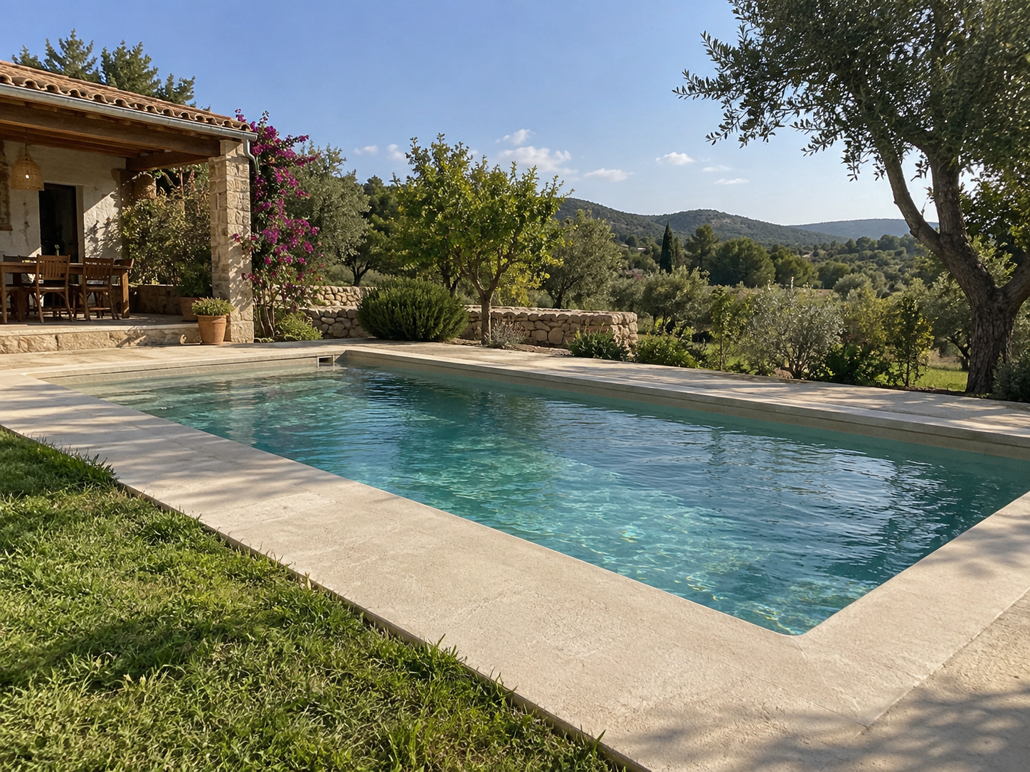 Piscina de una vivienda de campo con terraza continua