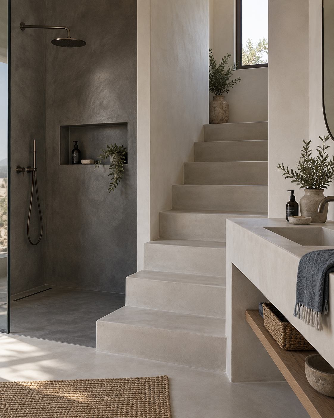 Ducha, escalera y encimera integradas con microcemento