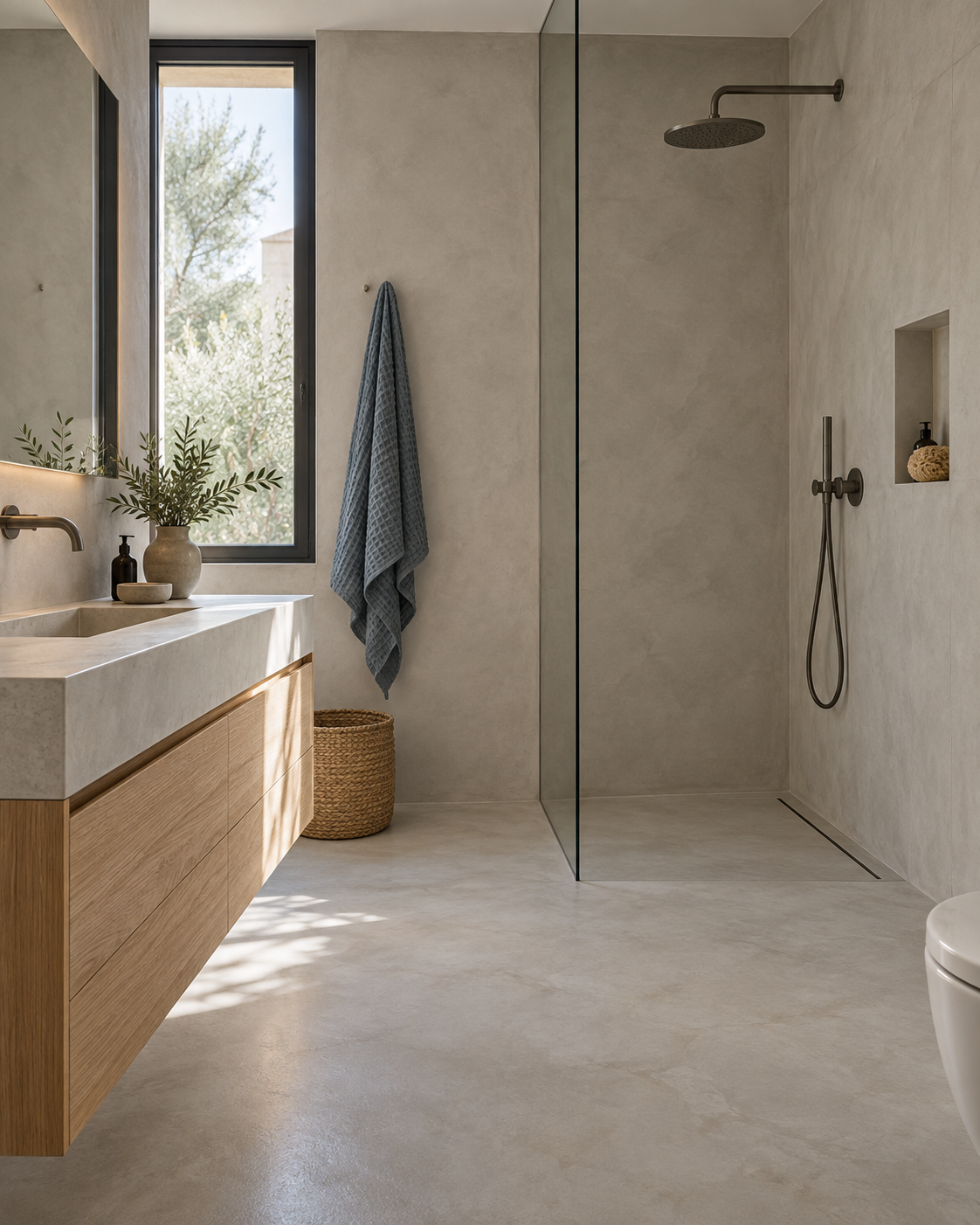 Baño con suelo, paredes y ducha de microcemento