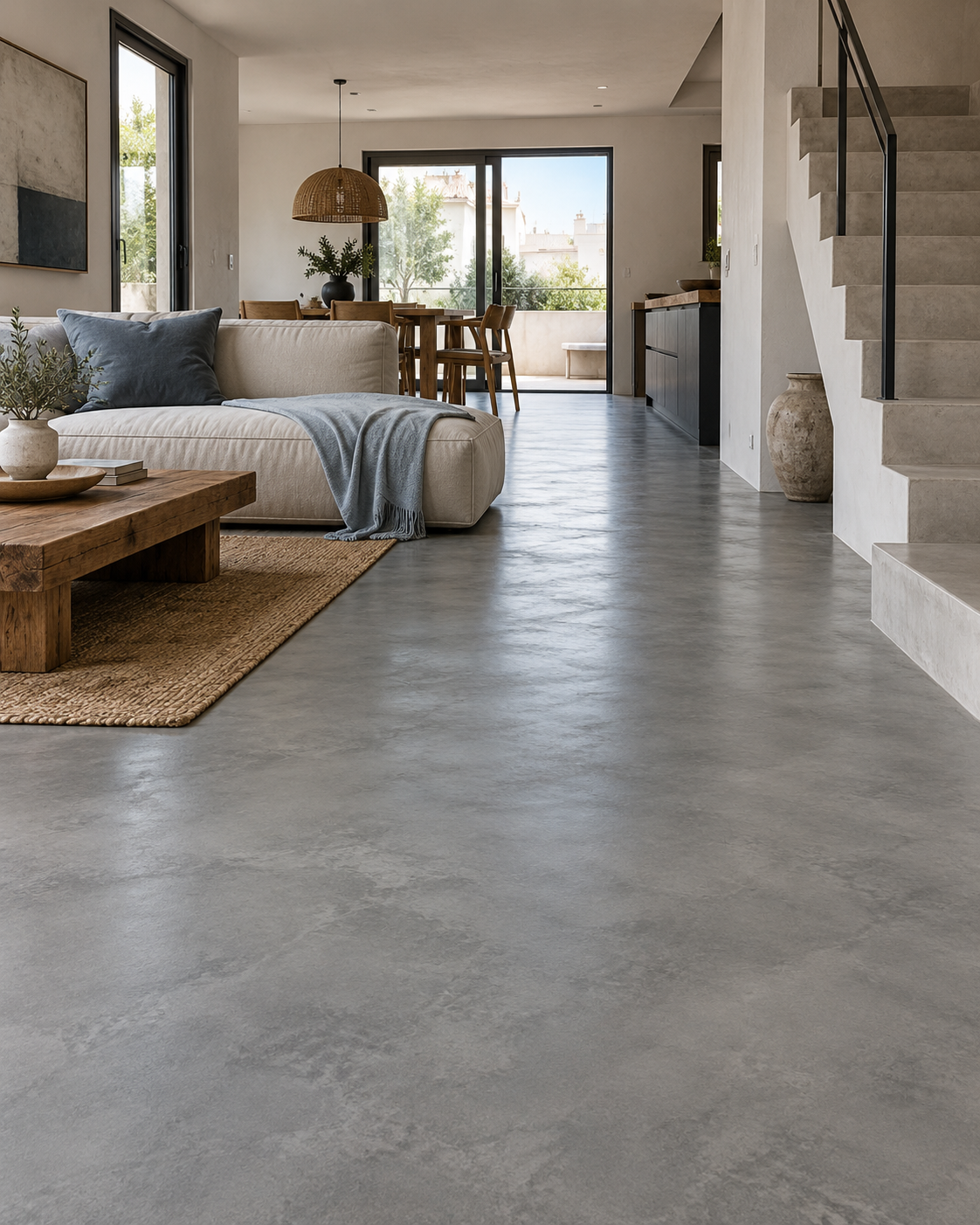 Salón con suelo continuo de microcemento y escalera